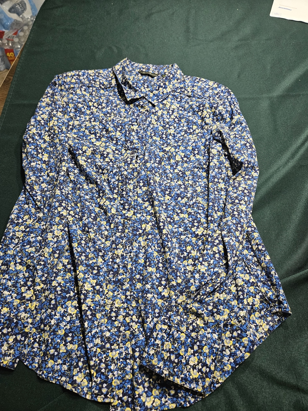Eddie Bauer Blue & Yellow Ditsy Floral Button Down Blouse - Size L